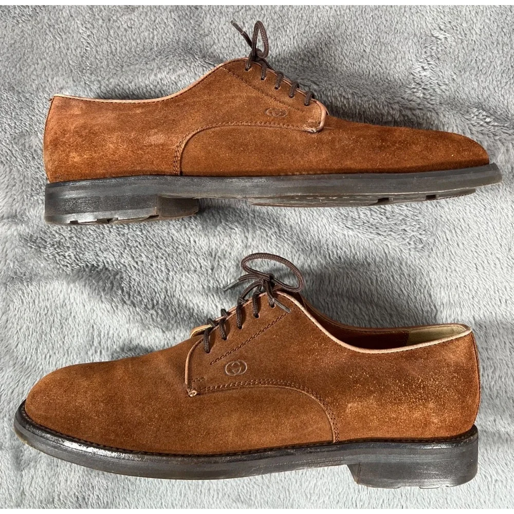 Vintage Gucci Oxford Shoes Mens IT 42 1/2 US 9 1/2 Brown Suede GG Logo Loafers